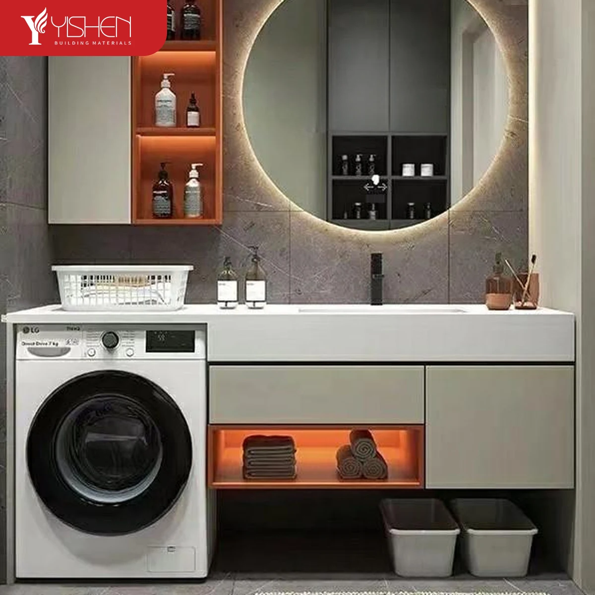 Custom Size Modern Design Sintered Stone Top Laundry Cabinet Smart Waterproof Wall Cabinets for Bathroom Organization