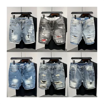 New Arrival Summer Men Casual Ripped Patch Denim Shorts Slim Fit Straight Leg Short Pant Half Jeans