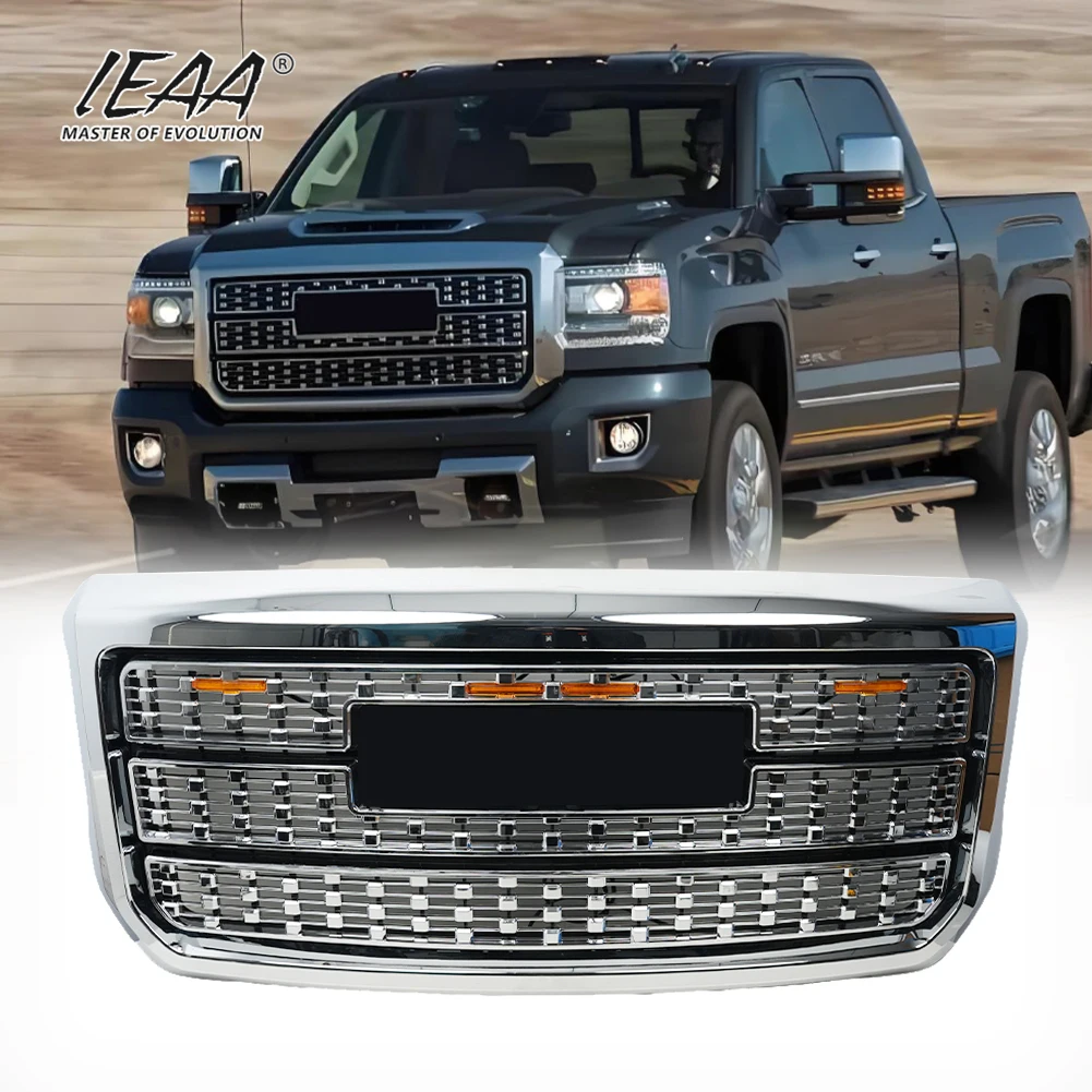 Car Accessories Grille With Light Front Bumper Parts for GMC sierra 2500HD 3500HD 2015-2020 Chrome Sliver Grill