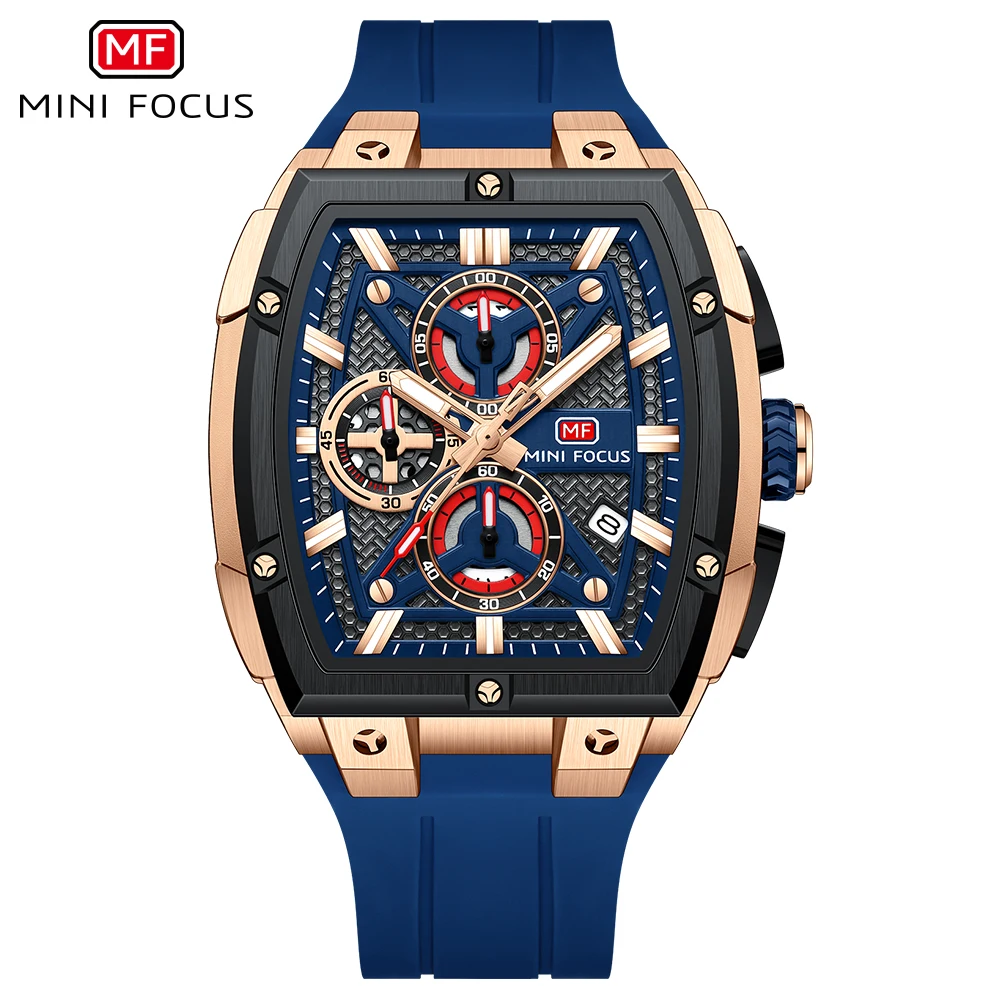 MINI FOCUS Chronograph Quartz Man New Model Watch for Men Sport Wristwatch with Black Rose Gold Silicone Strap MF0602G