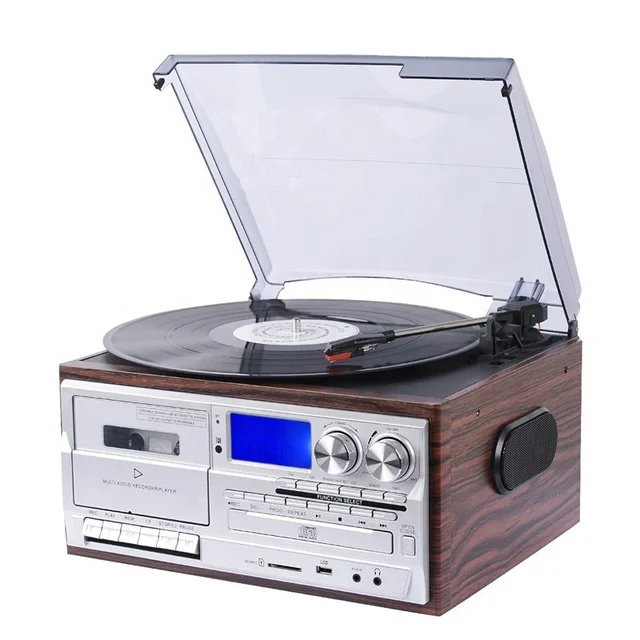 All In One Turntable Player Gramophone Vinyl Record Player With External Speakers AM FM Radio Bluetooth Cassette Play