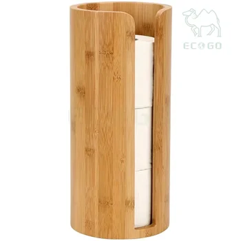 Environmentally friendly Free-standing round bamboo toilet paper roll holder is environmentally friendly for use in bathrooms an