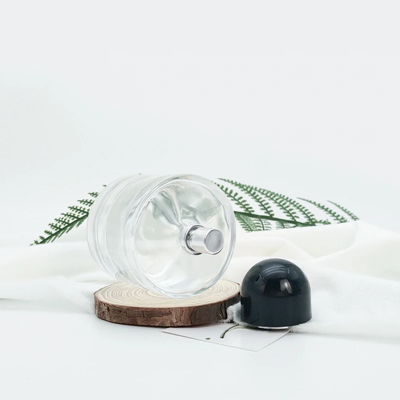 Fast Delivery 50ml 100ml Column Shape Empty clear Glass Perfume Bottle with Black Ball Lid and logo Custom