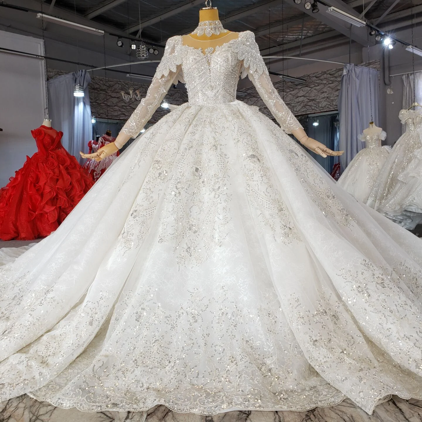 Illusion Pearls With Overskirt Luxury Wedding Dress | art-kk.com