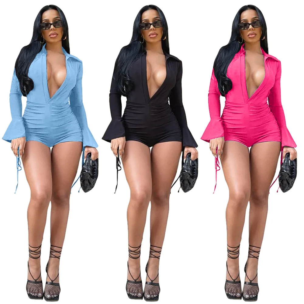 QM7058 High Quality Women Sexy Solid Color Long Sleeve V-neck Bandage Ruffle Sleeve Jumpsuit One Piece Set
