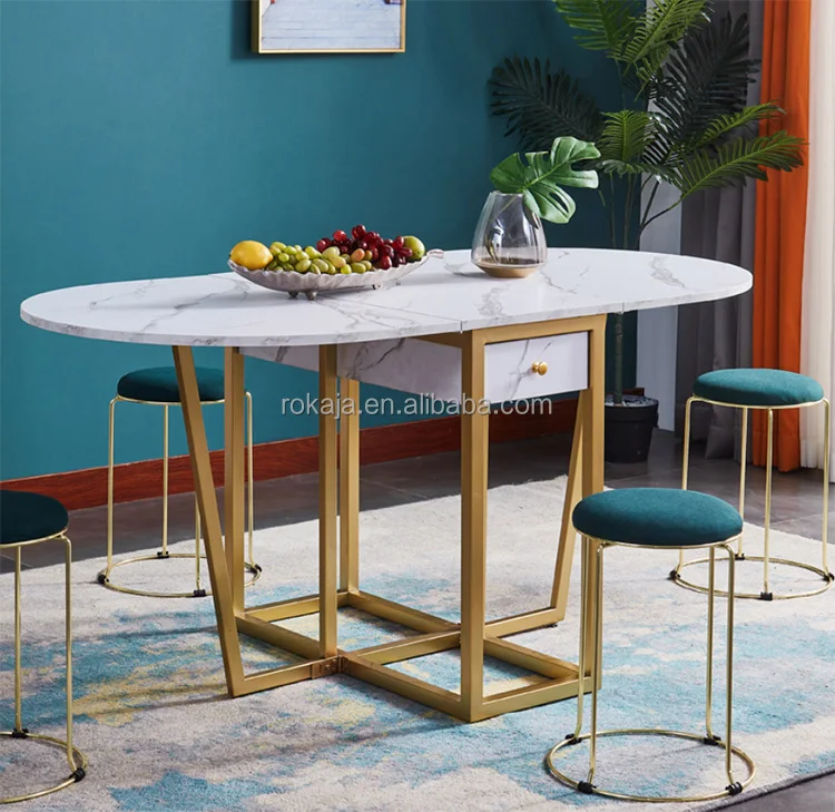 Hot Sales Round Folding Dining Table Set Modern Gold Stainless Steel Frame  Expandable Slabs Marble Dining Table With Drawer - Main Image