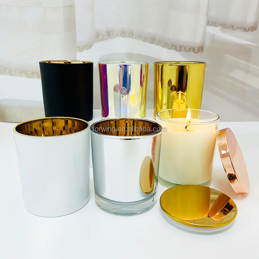 Unique Style Electroplated Iridescent Glass Candle Jar With Gold Metal Lid Rainbow Color Candle Jar With Lid manufacture