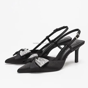 1208-34 Factory Custom Pointed Toe Bow Rhinestone High Heeled Sandals Banquet Dress Women High Heels Fashion Ladies Sandals