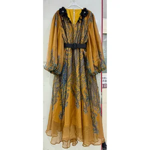 Factory Wholesale Vacation Casual Loose Dress Women Spring Autumn Lantern Sleeve Flower Printed Beading 3D Appliques Plus Size