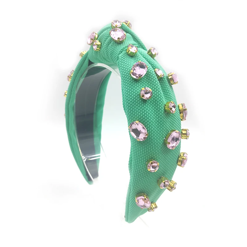 Shenglan Custom Handsewn Green Headband With Pink Crystals Designer