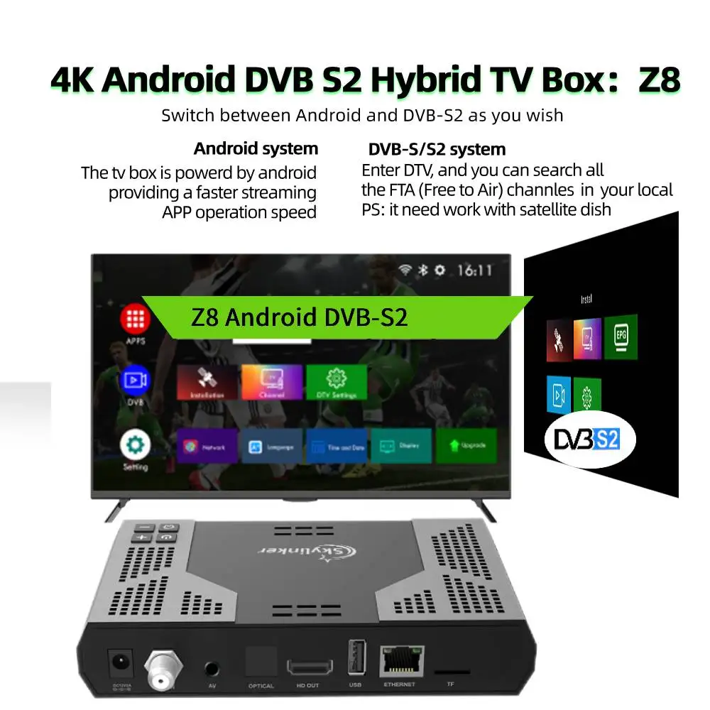 Z8 4k Android DVB-S2 Hybrid TV Box 5G Wifi 2+16GB Android OTT +DVB-S/S2  H.265 HEVC FTA Decoder Digital Satellite TV Receiver