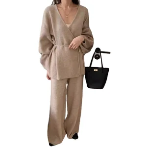 Lady's Fashion Casual Set V-Neck Bandage Sweater High Waist Loose Leg Pants Solid Pattern Washed Knitting Fabric for Autumn