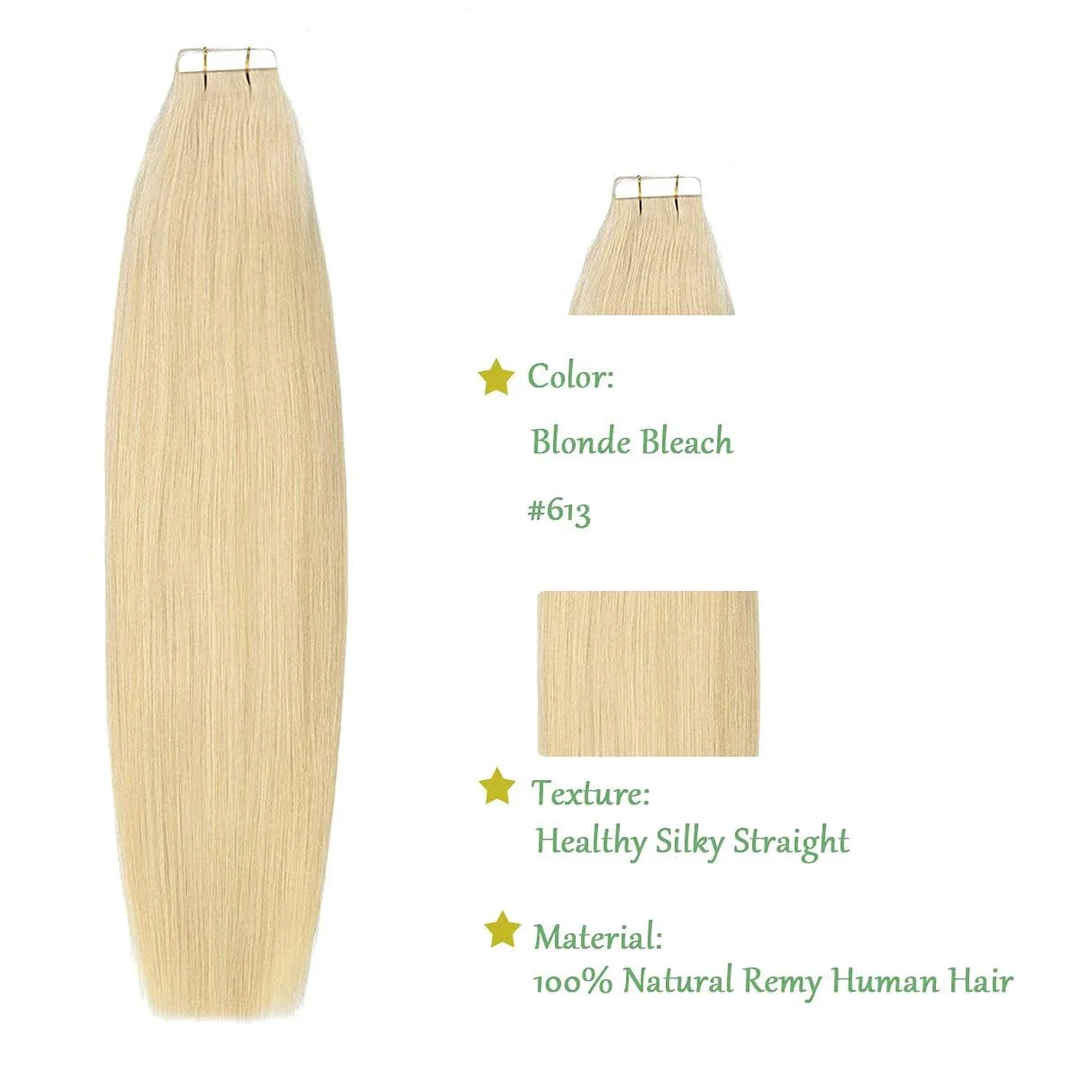 Extensii de păr cu bandă adezivă, blond 613, păr uman Remy, fără sudură, 20 buc._voghion.com