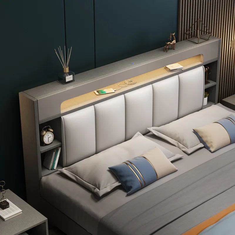 Luxury Upholstered Leather Multiple Function Bed Modern Home king Size Bed Frame with Headboard and Mattress Wooden Bed