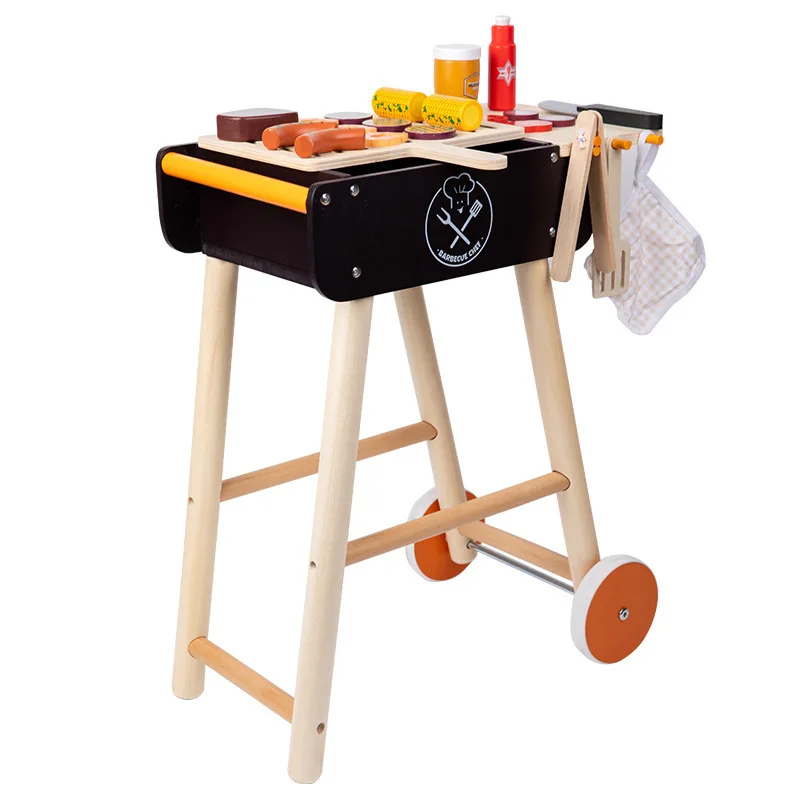Montessori Toys Kitchen Play BBQ Grill Wooden Cart Set