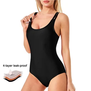 Women's One-Piece Period Swimwear Nylon Leakproof Bathing Suit with Adjustable Straps and Built-in 4-Layer Protection