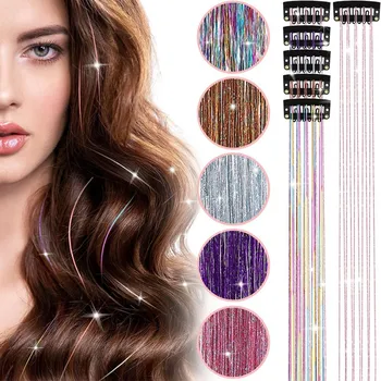 Clip in Hair Tinsel Glitter Fairy Tinsel Hair Extensions 20 Inch Shiny Tinsel Heat Resistant Sparkly Strands Hair