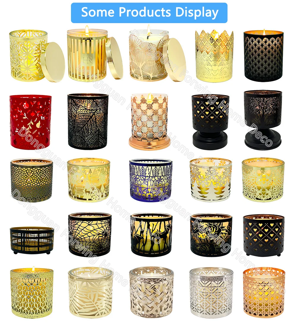Factory Direct Sale Customized Logo Glass Candle Jars Luxury Hollow Metal Candle Sleeve Holders supplier