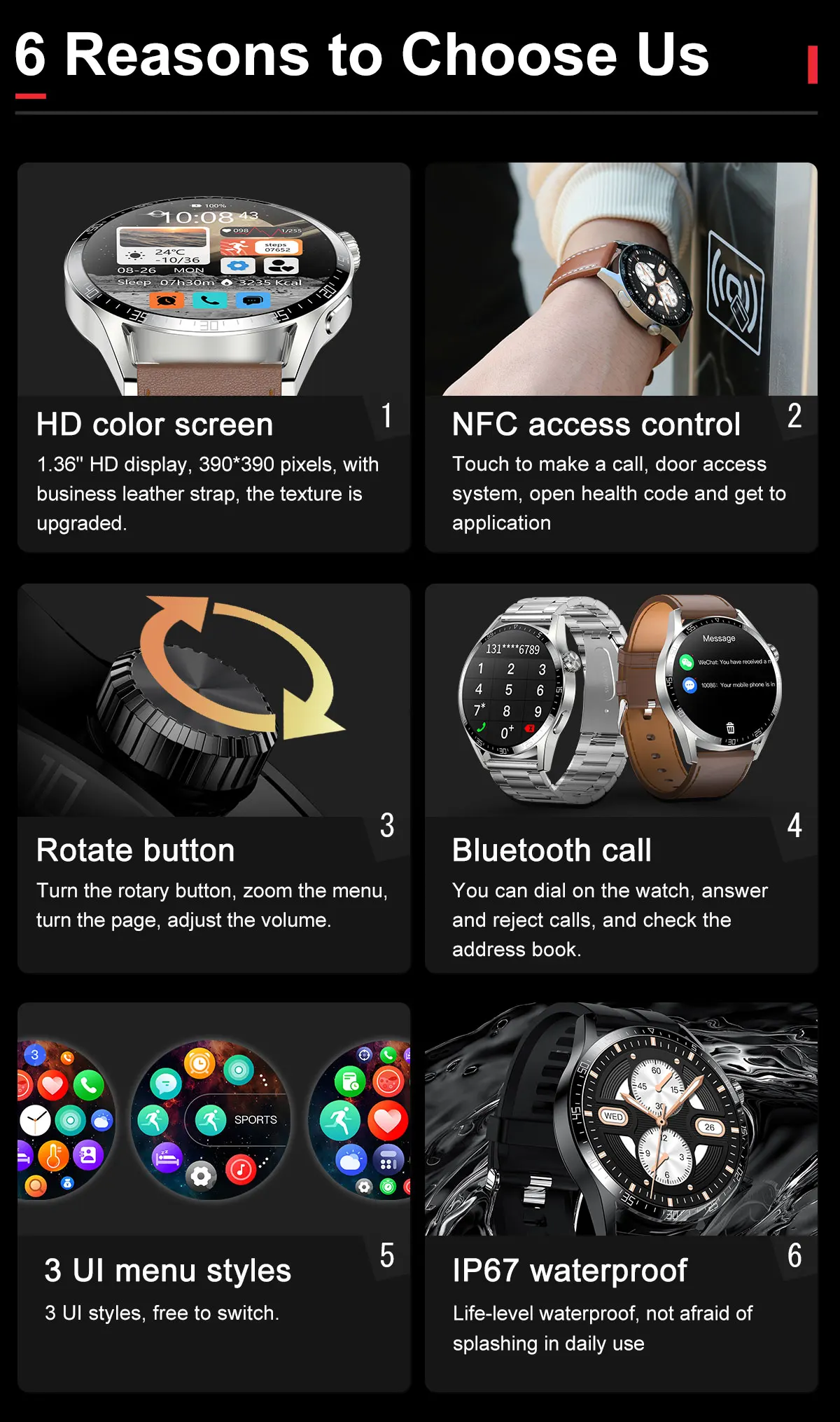 Montre connect&eacute;e Kalobee SK37 1,53 pouce avec Bluetooth, appels, intelligence artificielle vocale, lecteur de musique, NFC, bouton rotatif, &eacute;cran toujours allum&eacute; et chargement sans fil.