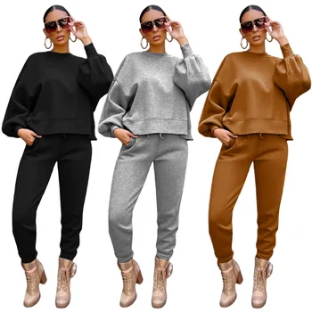 European and American fashion women's loose top with tights and fleece sweater suit two-piece set