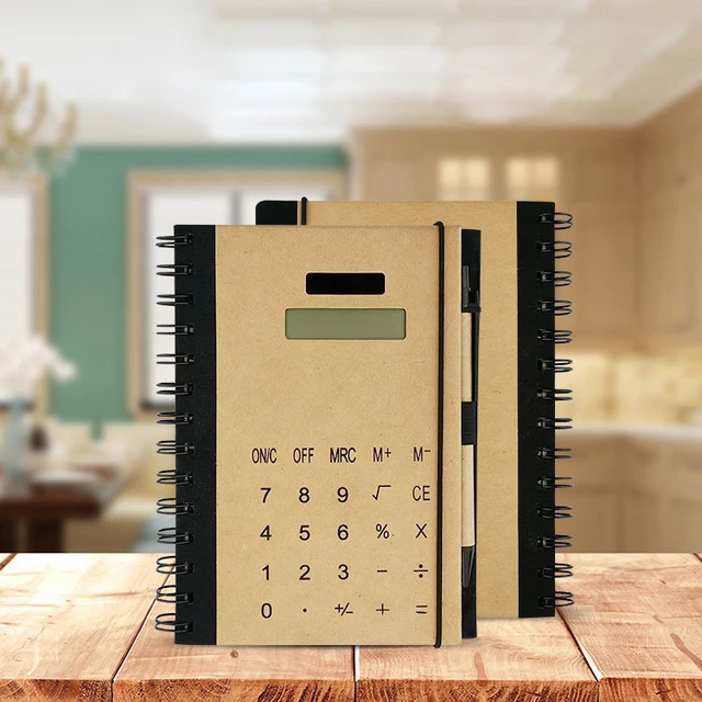 GF Portable Solar Calculator Spiral Kraft Paper Hardcover Planner Notebook School Office Business Travel Notepad Calculator