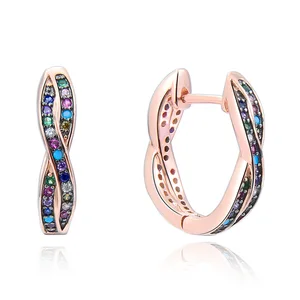 Customized 925 Sterling Silver Rose Gold Plated Entwined Infinity Love Huggie Mirco Pave Earrings