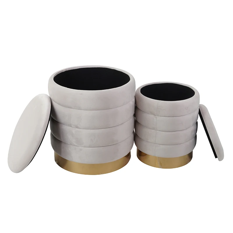 2025 Round Ottoman with Storage Set of 2 Cream-coloured Velvet Storage OttomandStool for Living Room Vanity Stool