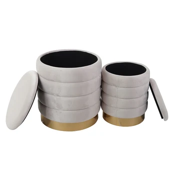 2025 Round Ottoman with Storage Set of 2 Cream-coloured Velvet Storage OttomandStool for Living Room Vanity Stool