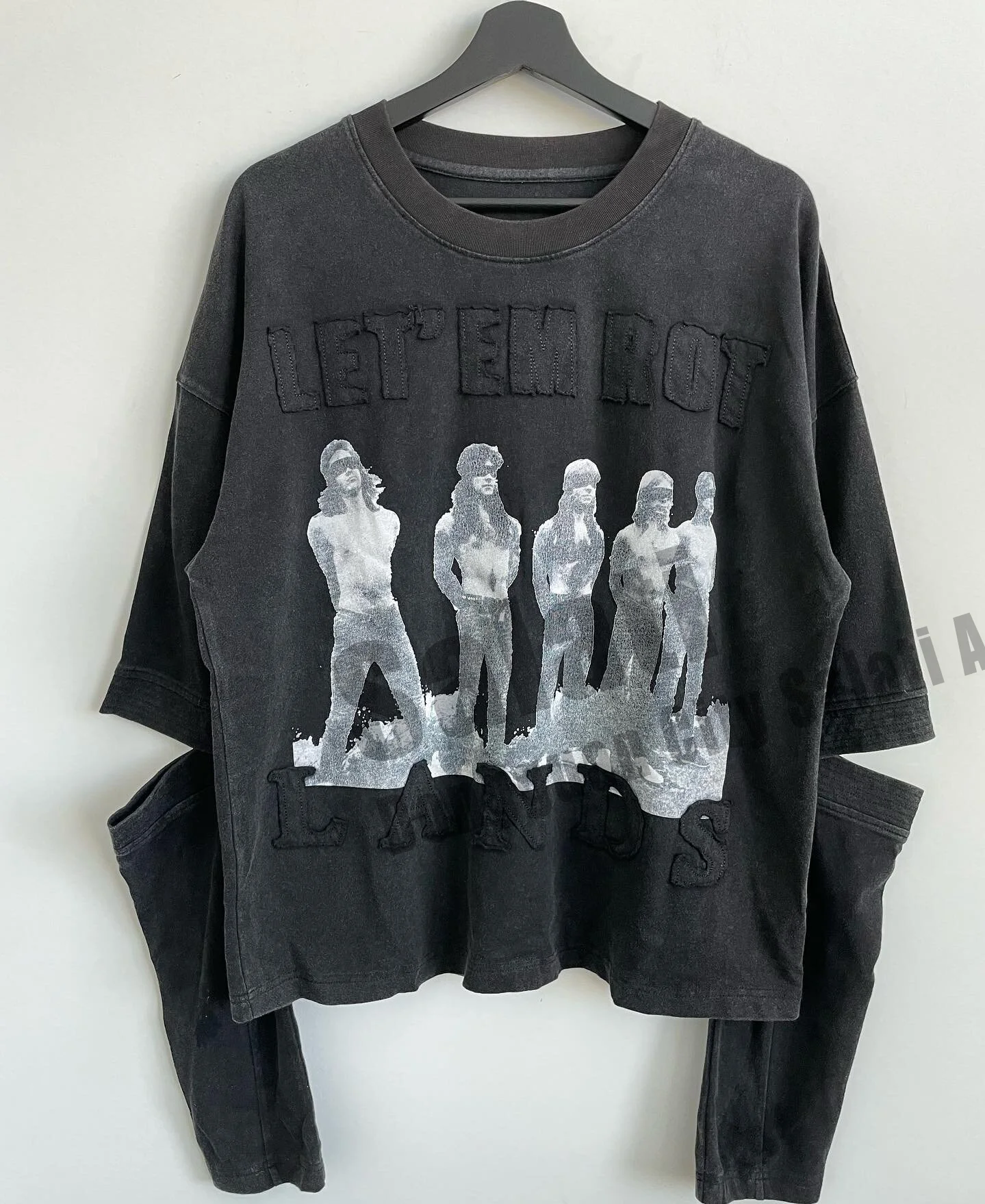 Customize Graphic Cropped Top Tee Print Black Applique Embroidery Cotton Stone Acid Wash Long Sleeve T-shirts T Shirt for Men