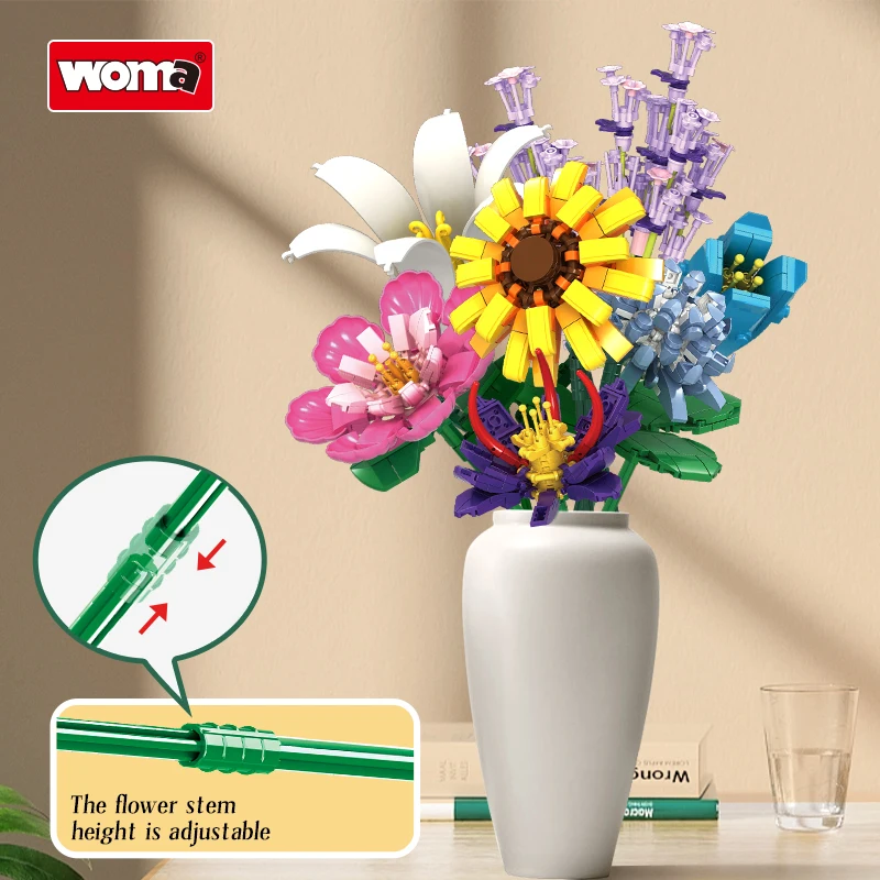 WOMA Factory ODM OEM 12 in 1 Bricks Flower Bouquet Kids Construction Block Flower Bricks Building Sets