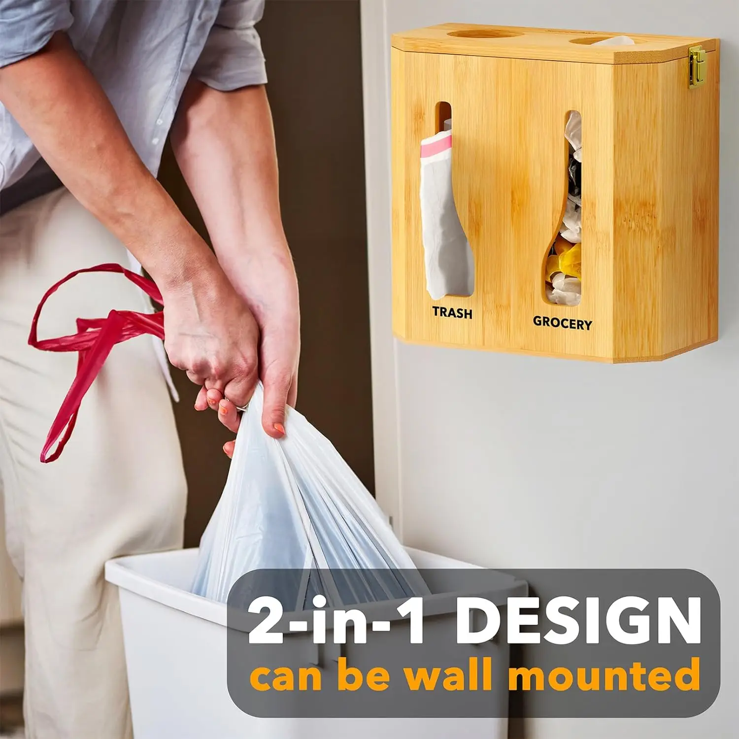 product 2 in 1 bamboo trash bag dispenser grocery bag holder cabinet wall mount plastic bag organizer large capacity under sink storage-3