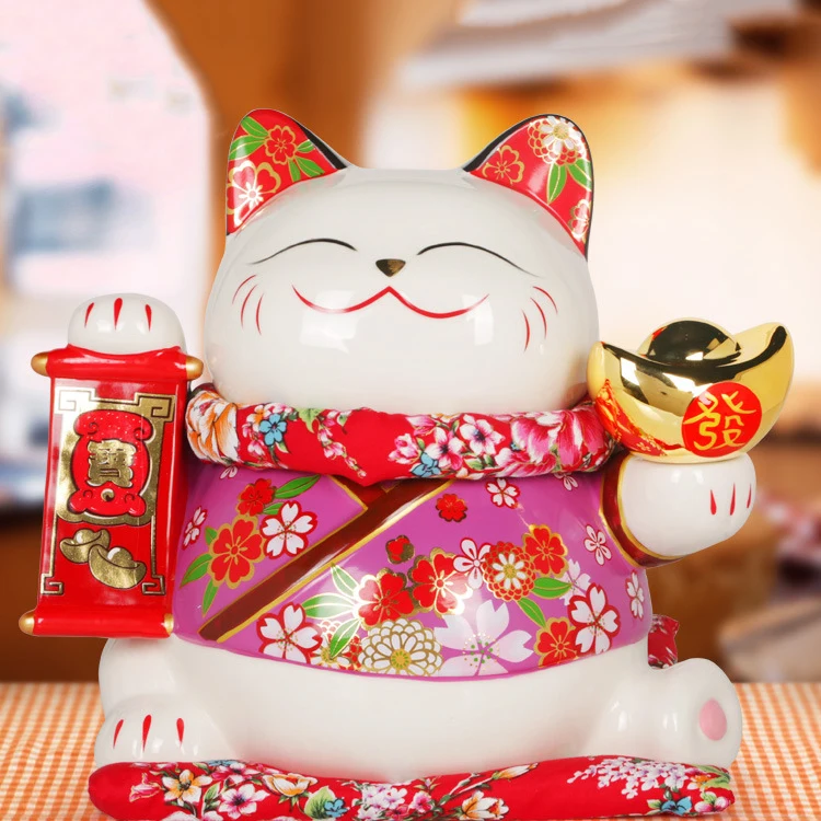 Maneki Neko Ceramic Lucky Cat Home Decor Fortune Money Fengshui Craft Porcelain 