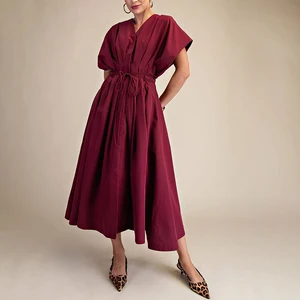 ZYHT 73975 Big Short Sleeve Casual a Line Pleat Belt Elegant Green Orange Burgundy Summer Beautiful Large Hem Shirt Dress