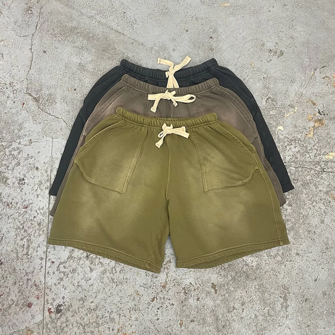 Nejprodávanější premium bavlněné mužské krátké kalhoty s kyselinovým ošetřením, retro styl, streetwear, velkoobchodní vlastní tisk DTG, lemování kovovými kameny, vyšívání