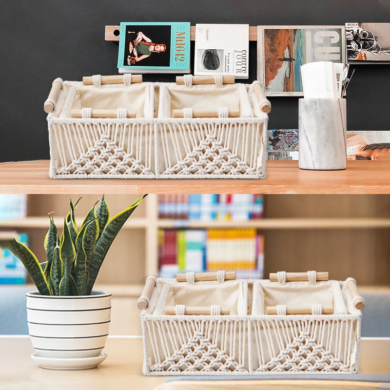 Set of 2 Boho Home Decor Hand Made Woven Countertop Tank Top Organizing Macrame Storage Basket