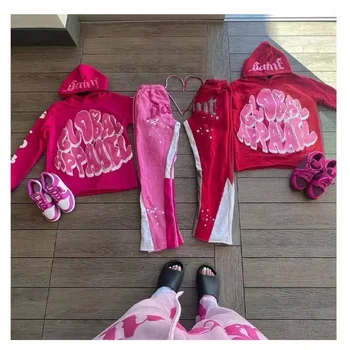 Puff Print Custom Cropped Hoodies High Quality Flare Sweatpants and Hoodie Set Sports Suit Track Suit Heavyweight Cropped Hoodie