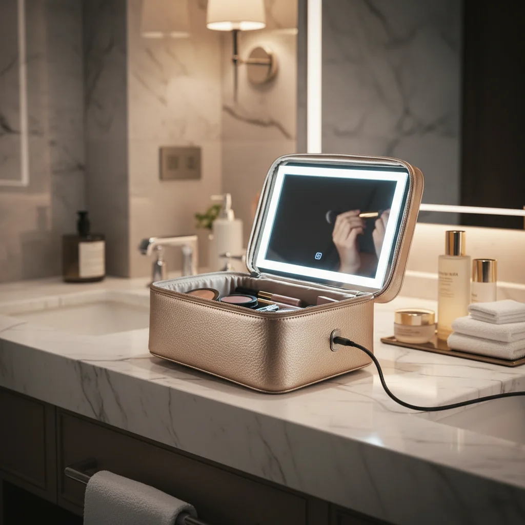 Smart PU Leather Cosmetic Bag with LED Mirror for Travel Makeup Touch up 3 Smart PU Leather Cosmetic Bag with LED Mirror for Travel Makeup Touch up - Image 3
