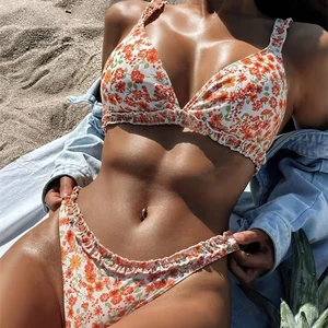 Stylish Sexy Two Piece Ruffled Floral Print Bikini Thong Swimwear Luxury Beach Wear Bathing Suit Set for Women