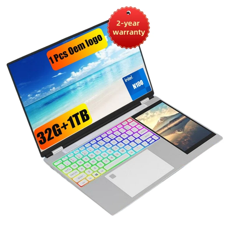 Brand New Custom Logo 15.6 Inch Intel N100 RGB Business Student 16GB 32GB DDR4 Double Monitor 512GB Touch Dual Screen Laptop