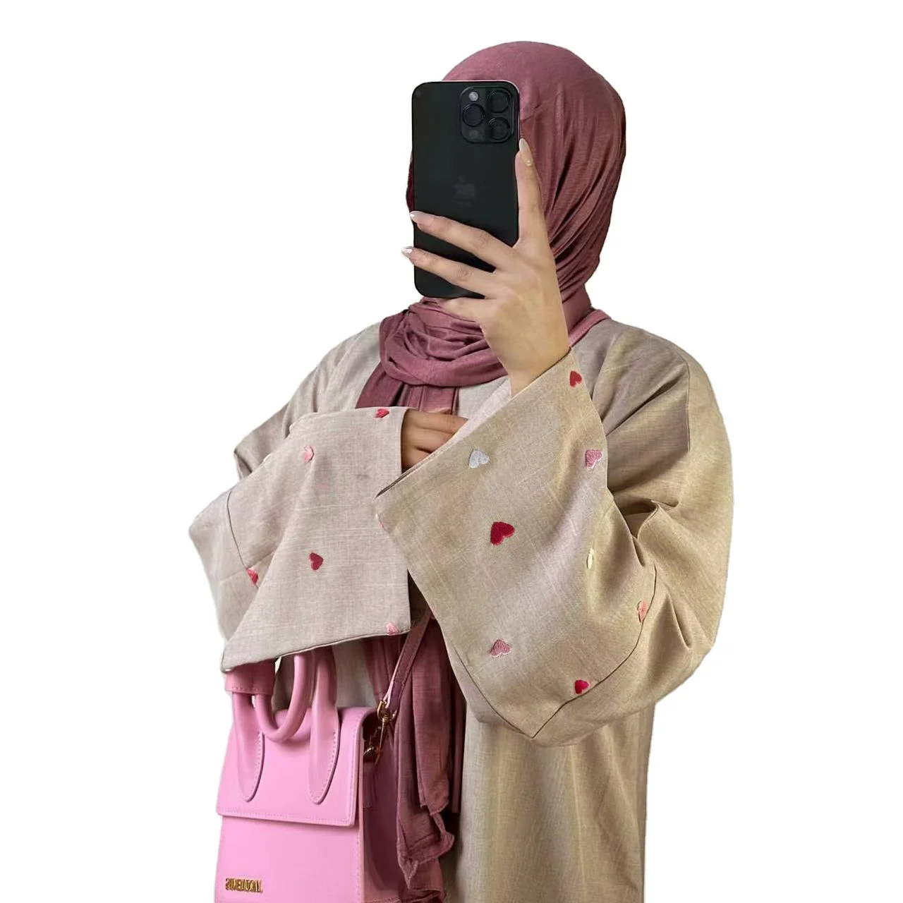 2024 Women's Eid Embroidered Heart Abaya Open Front Cardigan Maxi Dress Breathable Arabian Robe for Ramadan Elegant Ialam