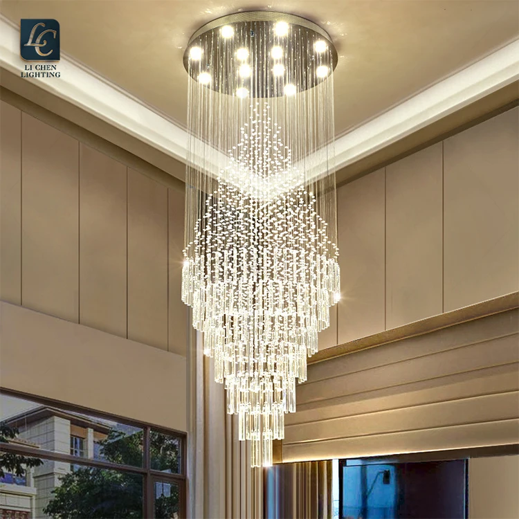 P0027 Modern Spiral Crystal Chandelier – Long Luxury LED Pendant Light for High Ceiling Staircase
