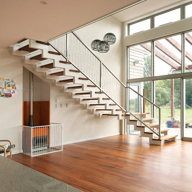 Zig Zag Stringer Wood Step Staircase With White Stair for Building Project