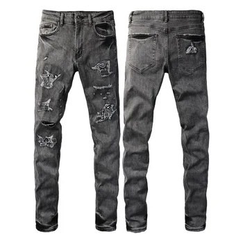 Slim Fit Retro Grey Patch Cashew Stretch Men's Street for Tide Cowboy Jeans