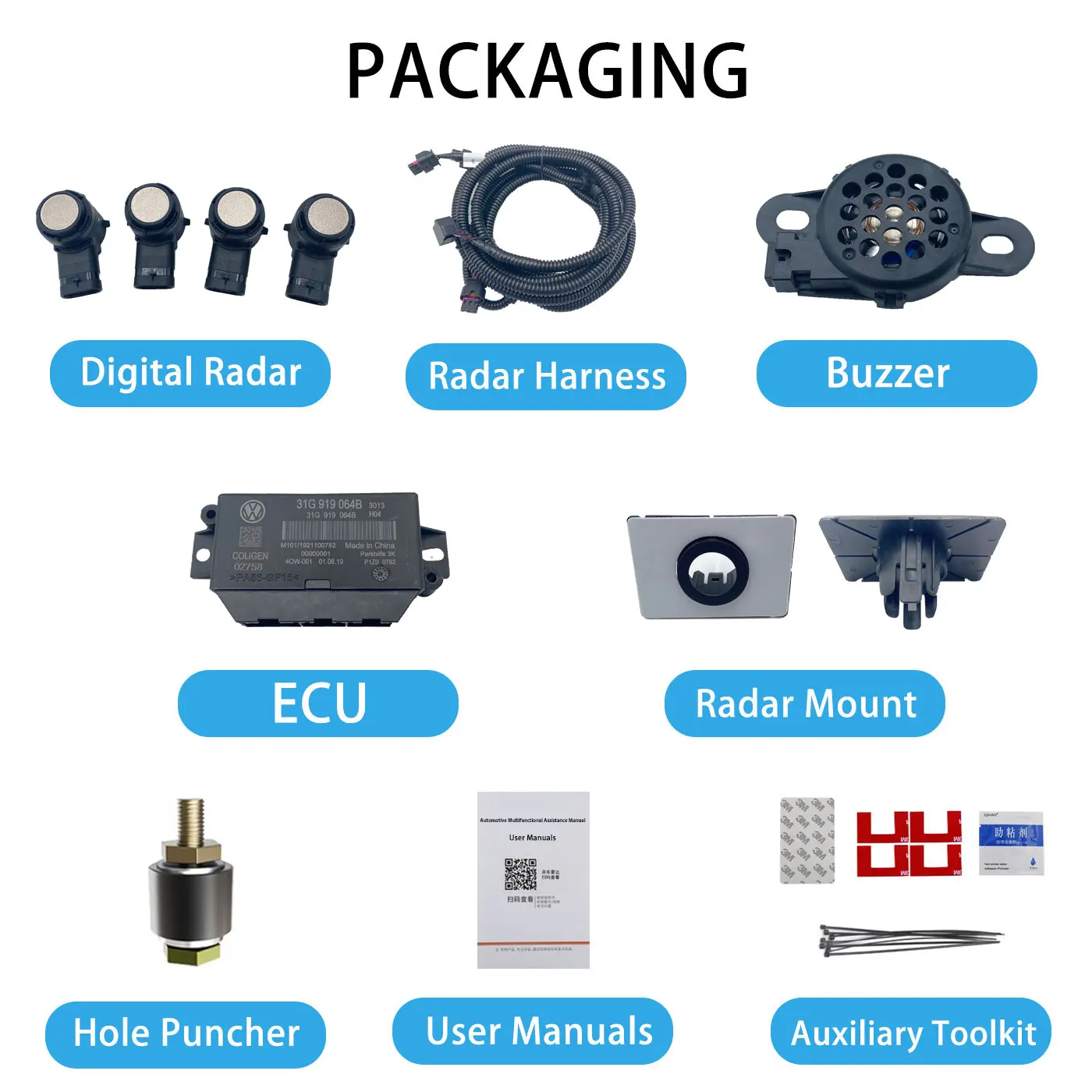 Coligen Original 12V Parking Assistant System with Sensor Digital Car Ultrasonic Front Rear Reverse for VW Polo Golf Caddy