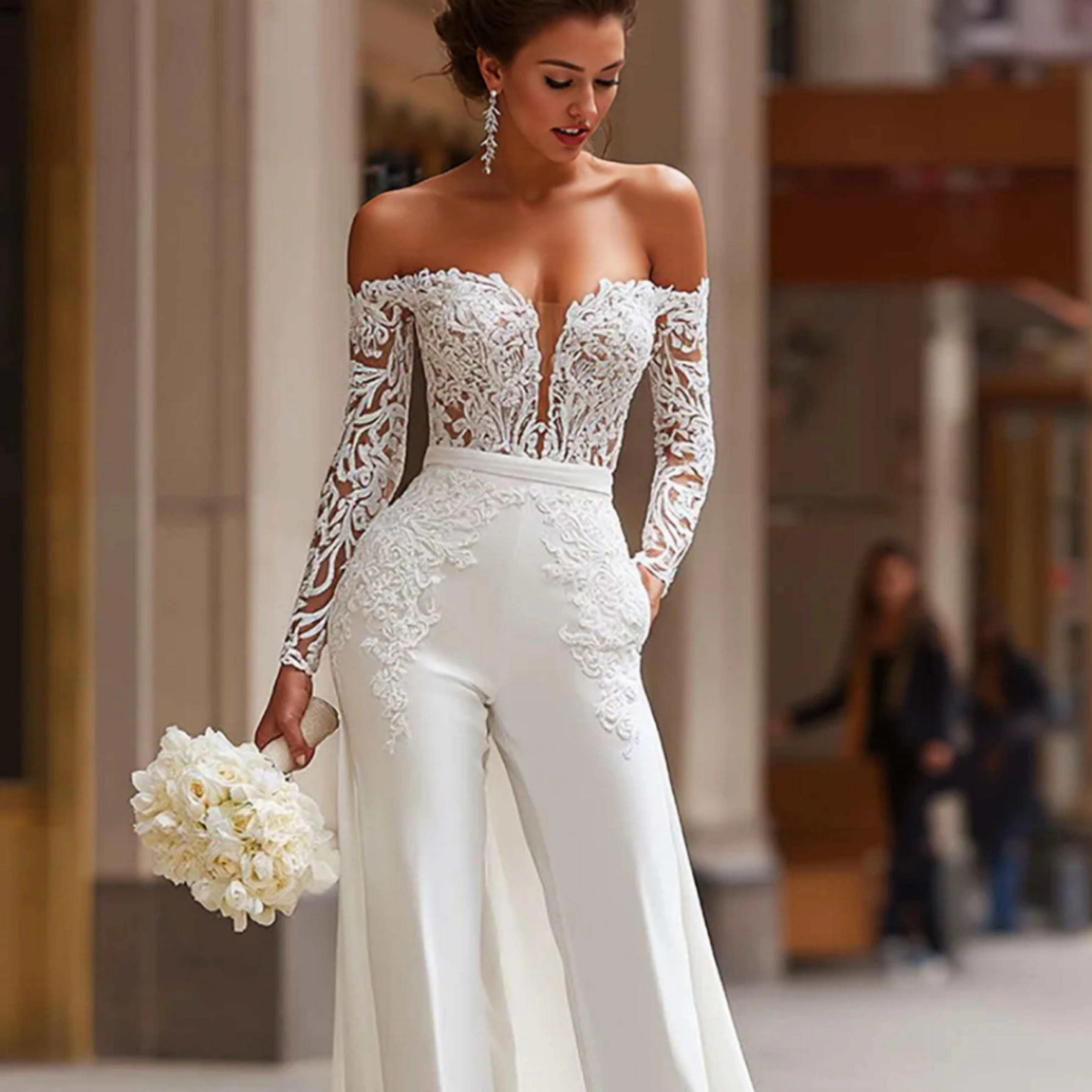 off the shoulder wedding dress pattern Off-Shoulder Illusion Neck Floral Print Wedding Gown EU42 / Print-Feathers (Photo)