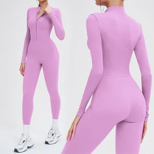 Roregal Tight Yoga Zipper Long Sleeve Warm Fleece Exercise Jumpsuit Quick Dry Running Fitness Sports Yoga Jumpsuit