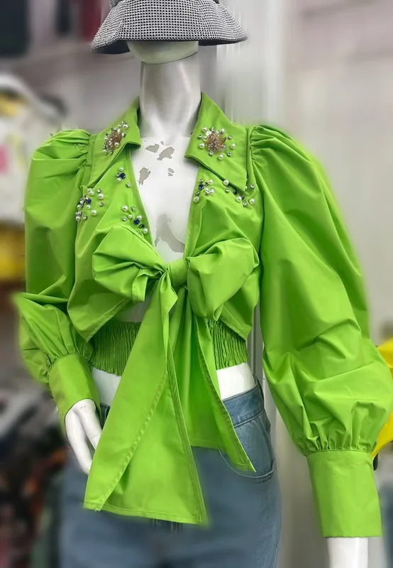 Cropped Top With Rhinestones Elastic Waistband Puffed Sleeves Self-tie Front Sexy Summer Party Style With Woven Weave - Image 5