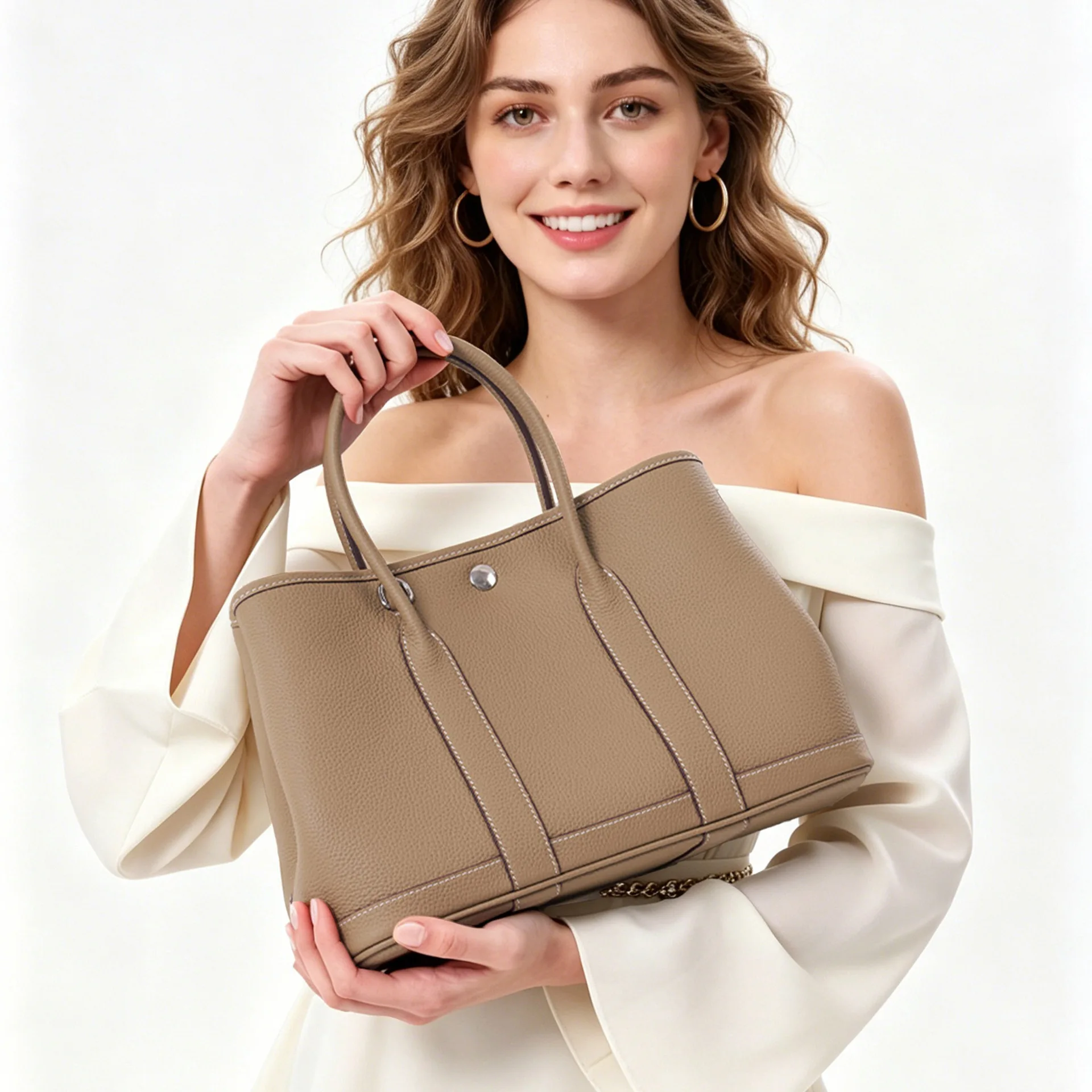 TOGO Women’s Genuine Leather Big Portable Shoulder Tote Bag Magnetic Clasp Lychee Pattern Simple All-match Spring 2025 Everyday