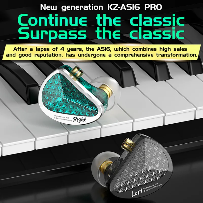 KZ AS16 Pro 8BA Balanced Armature in Ear Wired Earphones HIFI Bass Monitor Headphones Noise Cancelling Metal Headset