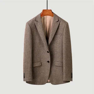 2026 New Men's Brown Herringbone Slim Business Peaked Lapel Single Breasted Center Vent High Quality Suit Jacket for Men